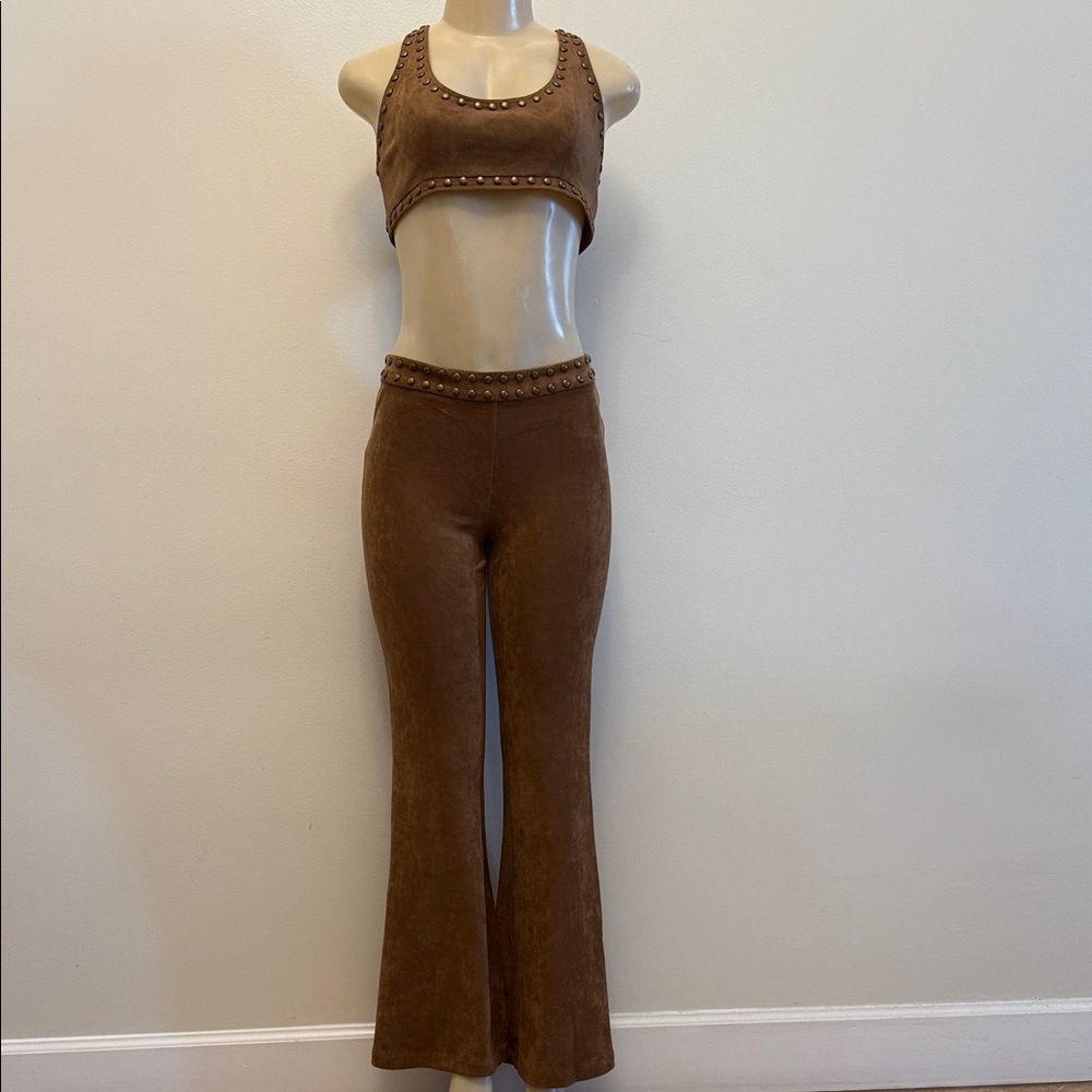 Forever 21 Brown Studded Crop Top & Flare Pants Y2K Set Size M